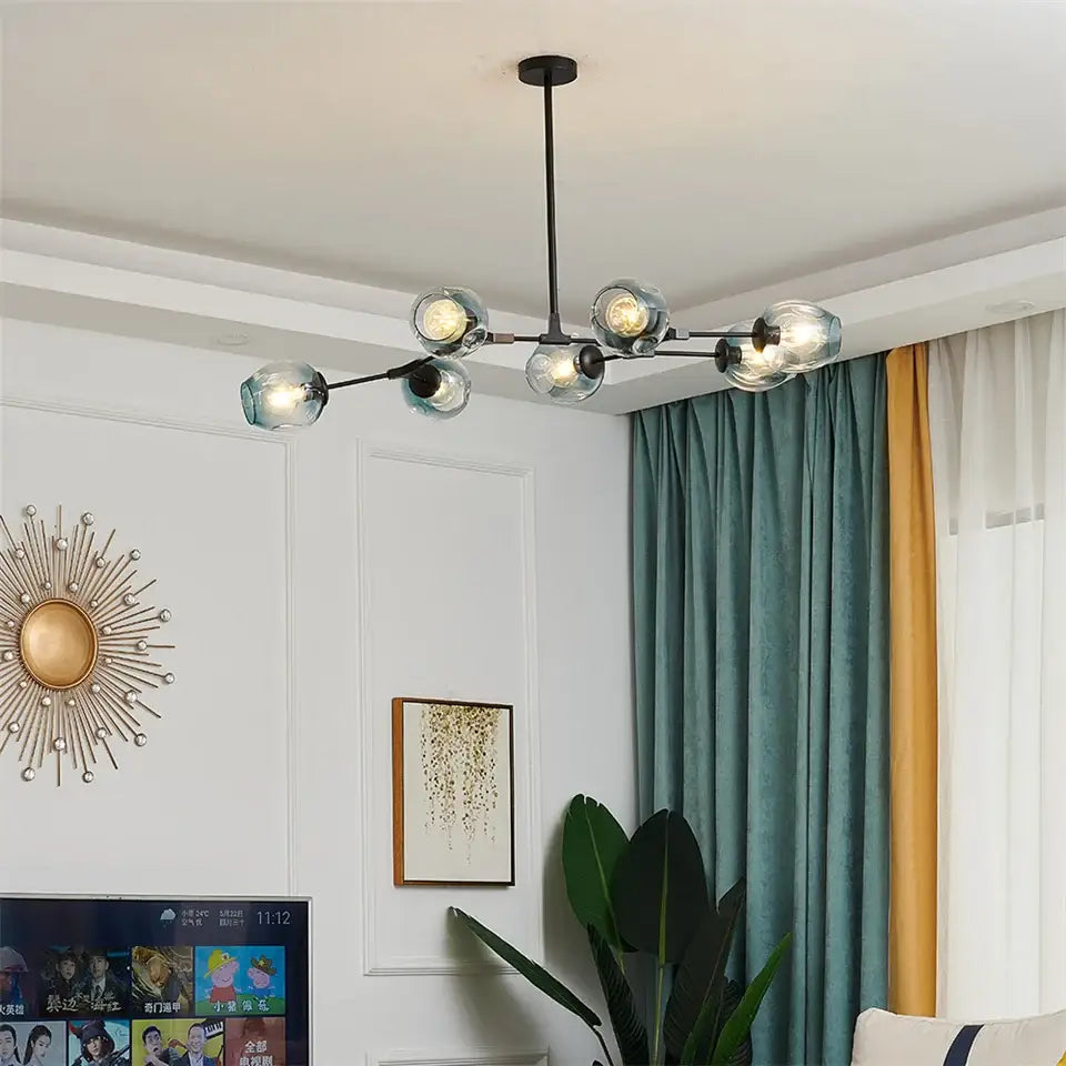 Modern black & gold amber glass ball chandelier dining room pendant