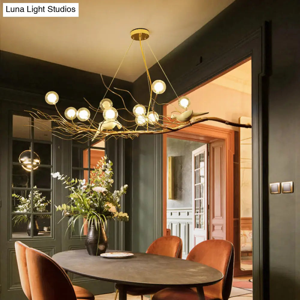 DecorBites™ Modern Gold Branch Pendant Light with Clear Glass Island Lamp - 10-Light Design with Birds - Ideal for Dining Room