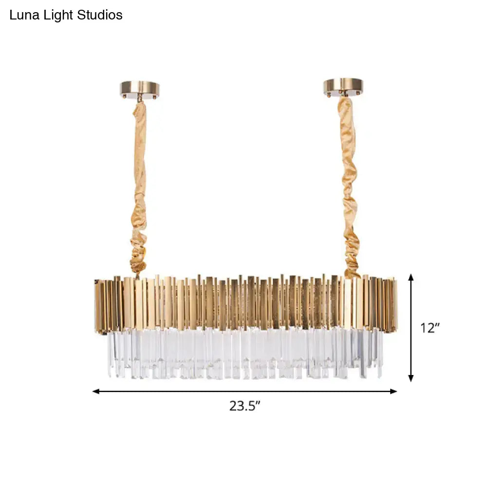 Modern gold oblong island lamp with crystal rods for dining room
