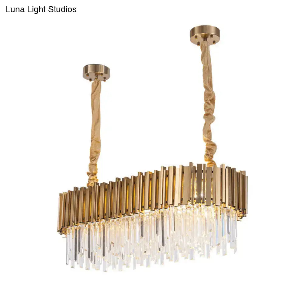 Modern gold oblong island lamp with crystal rods for dining room