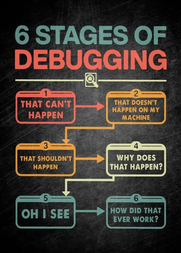 Modern 6 stages of debugging wall art office programmer gamer decor