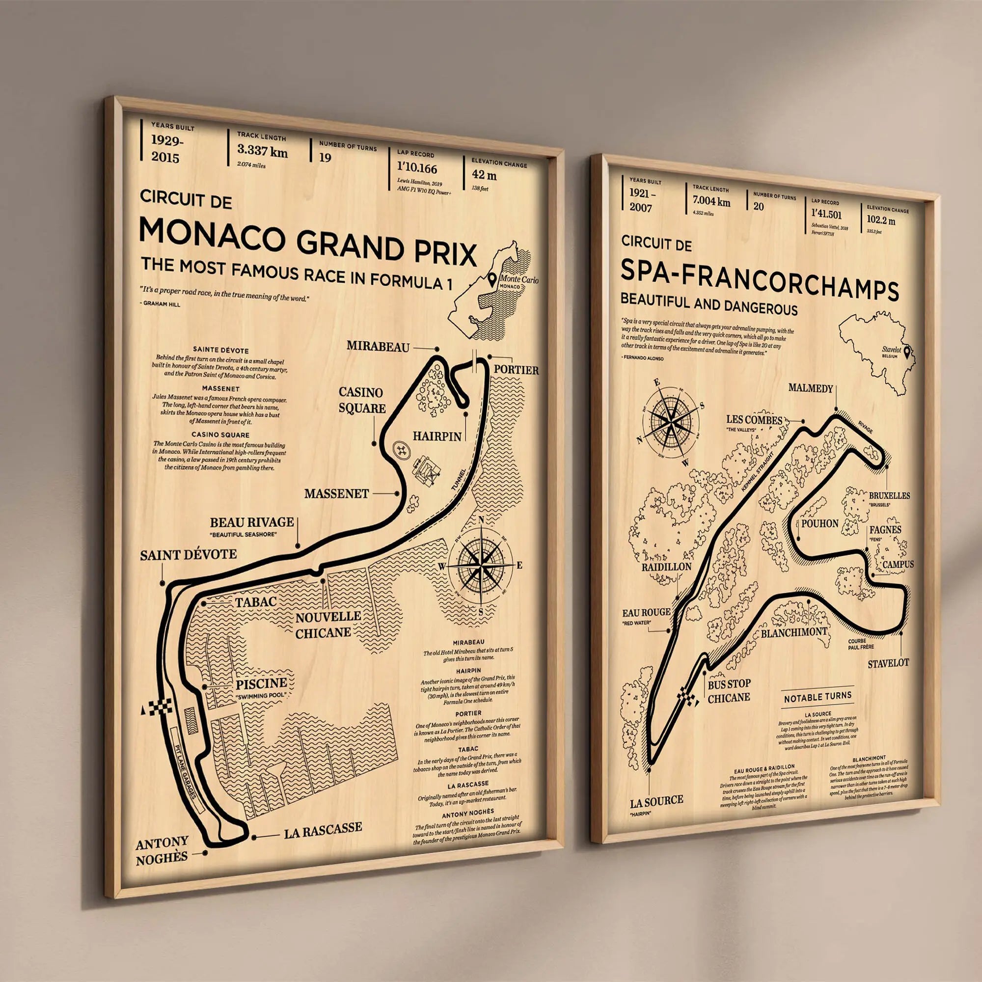 Beige wooden monaco grand prix race track map living room wall art