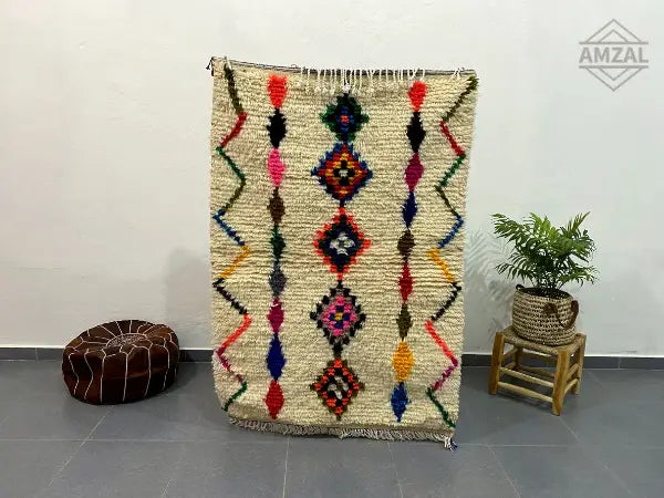 Handmade moroccan azilal rug cream geometric bedroom decor