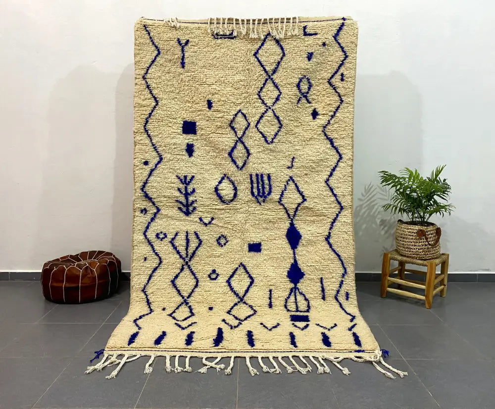 Handmade moroccan azilal rug beige & navy living room decor