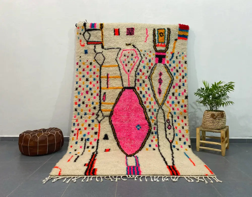 Handmade moroccan azilal rug cream geometric bedroom decor