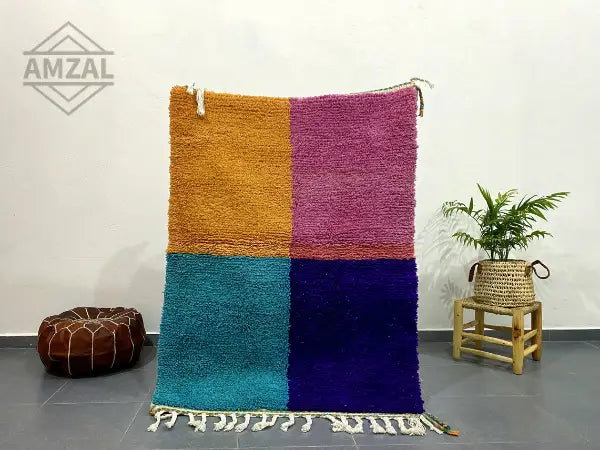Handmade beni ouarain colorful block rug bedroom floor decor