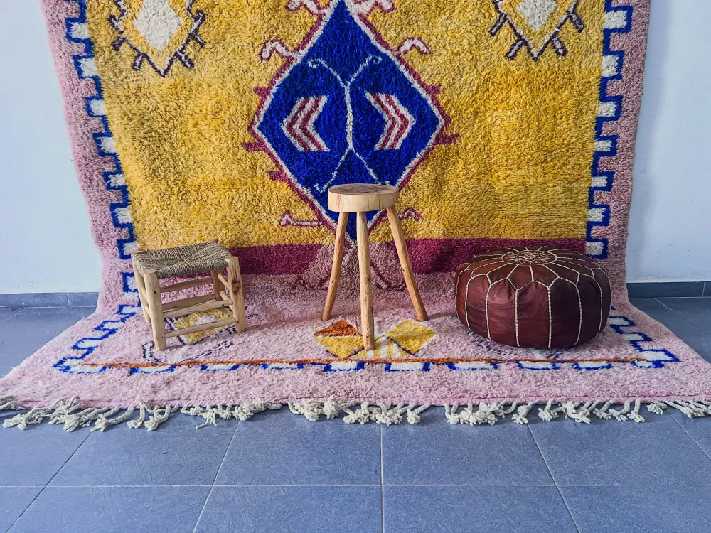 Pink & yellow moroccan handmade beni ouarain rug living room decor