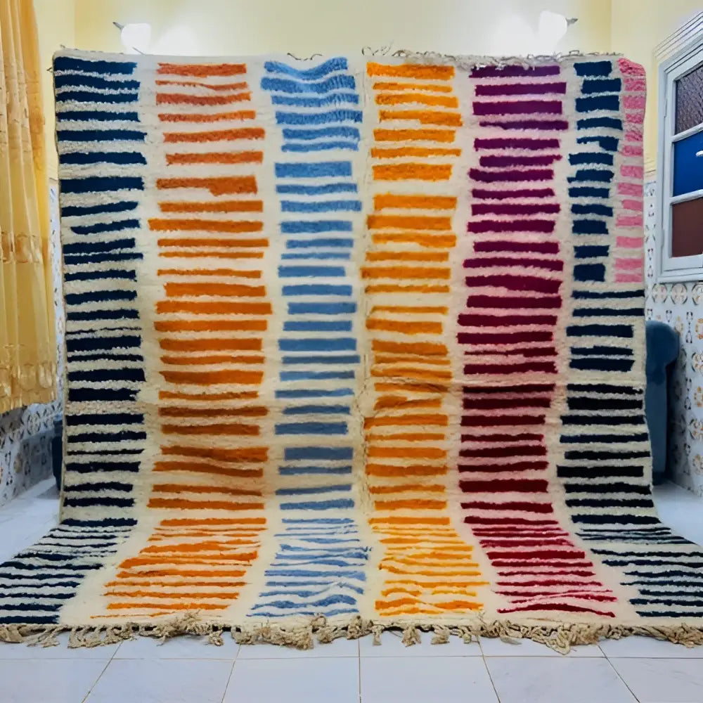 Vibrant striped moroccan handmade beni ouarain rug bedroom decor