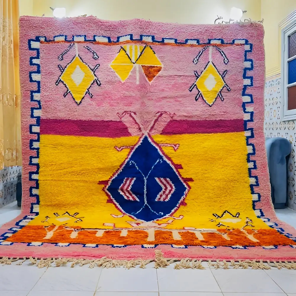 Pink & yellow moroccan handmade beni ouarain rug living room decor