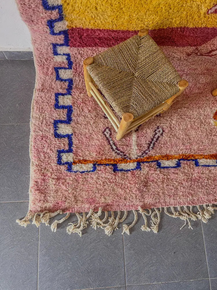 Pink & yellow moroccan handmade beni ouarain rug living room decor