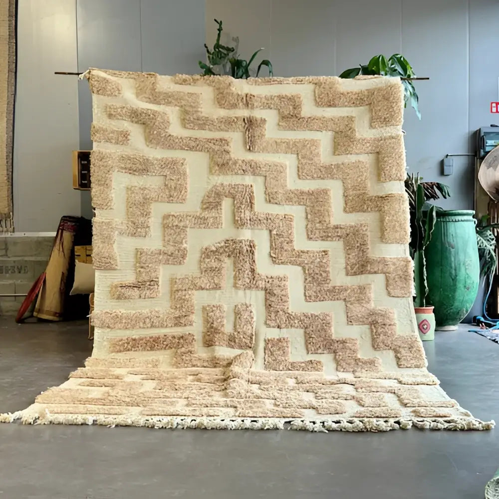 Handmade beni ouarain beige & cream wool rug bedroom decor