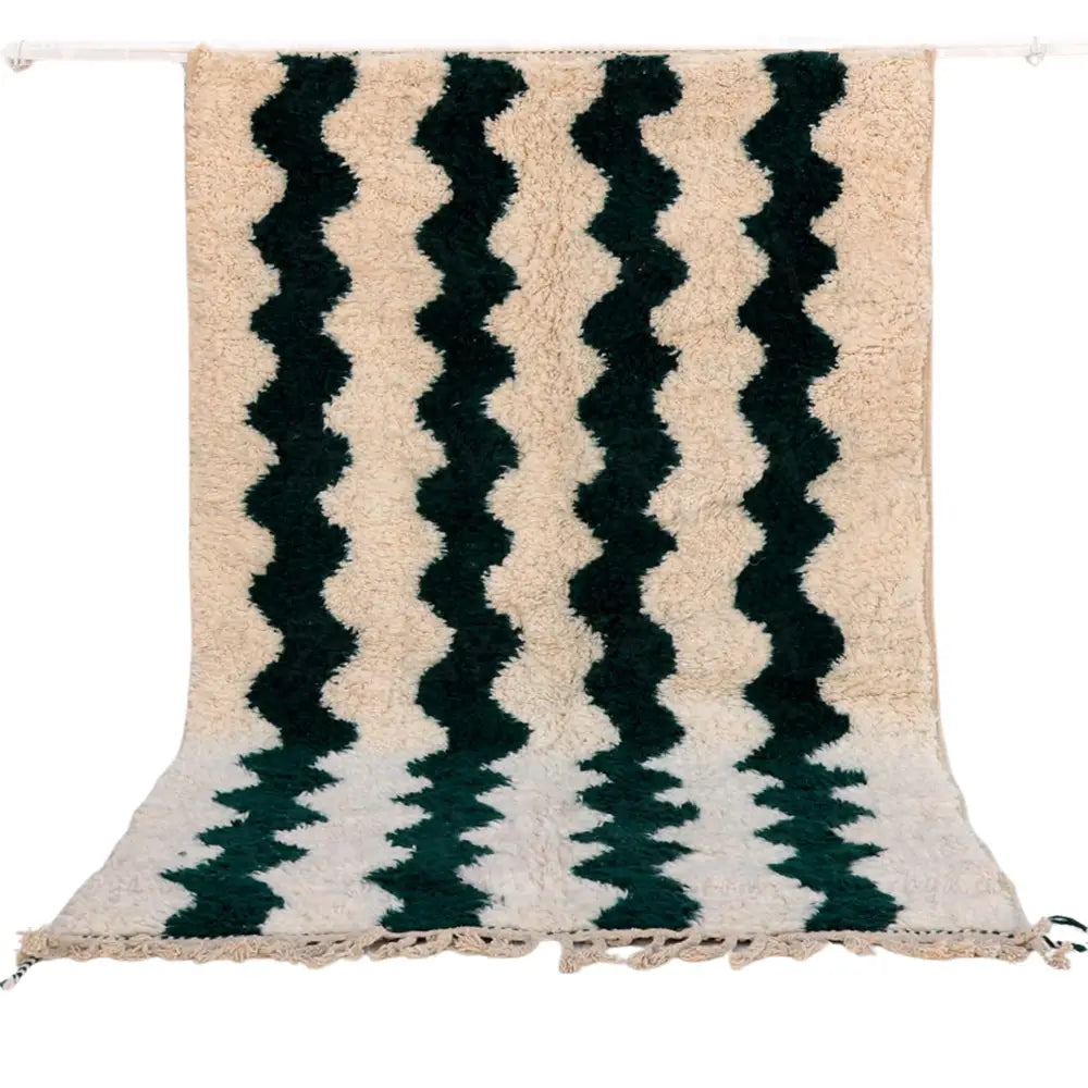 Moroccan handmade cream & dark green beni ouarain rug bedroom decor