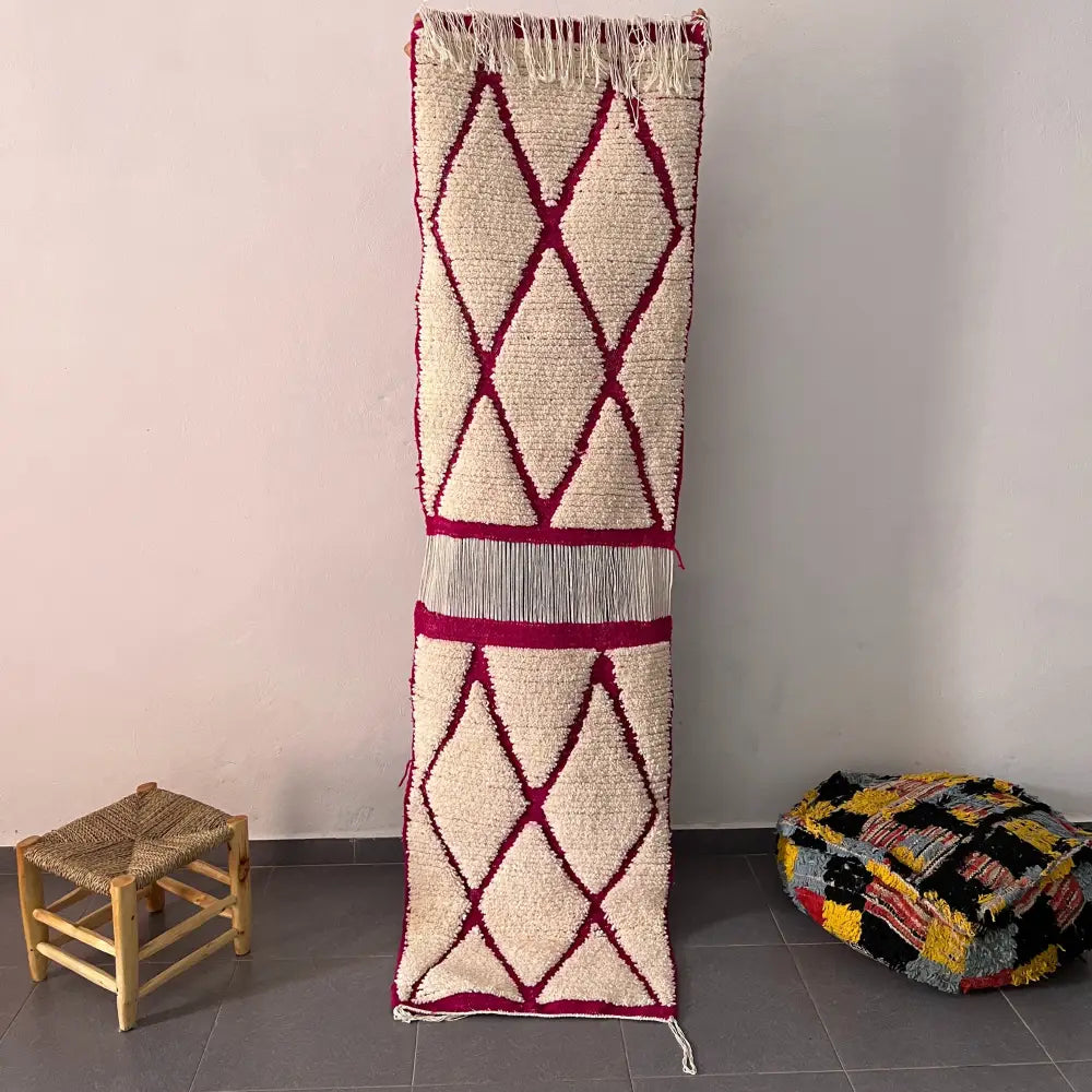 Handmade moroccan beni ouarain rug cream & magenta bedroom decor