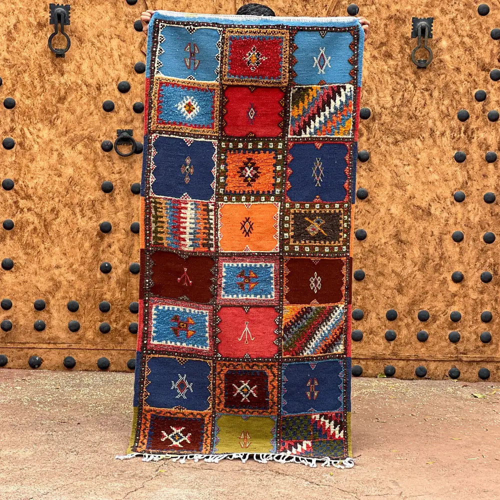 Vibrant patchwork moroccan handmade taznakht rug bedroom runner