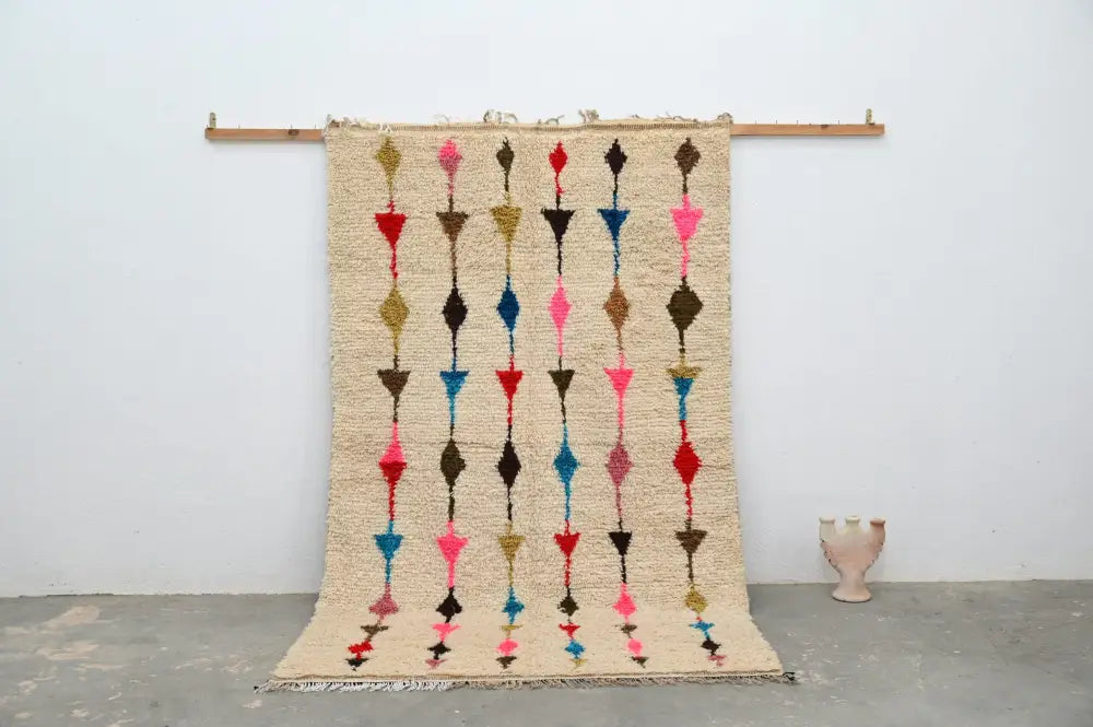 Handmade moroccan azilal rug beige geometric bedroom carpet