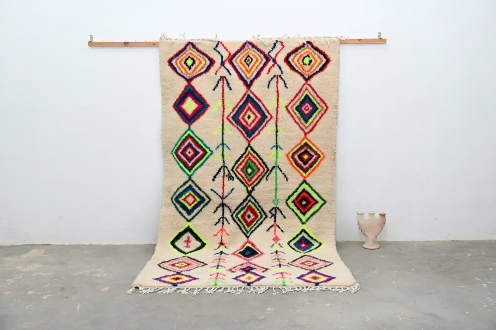 Beige moroccan handmade traditional azilal rug bedroom decor