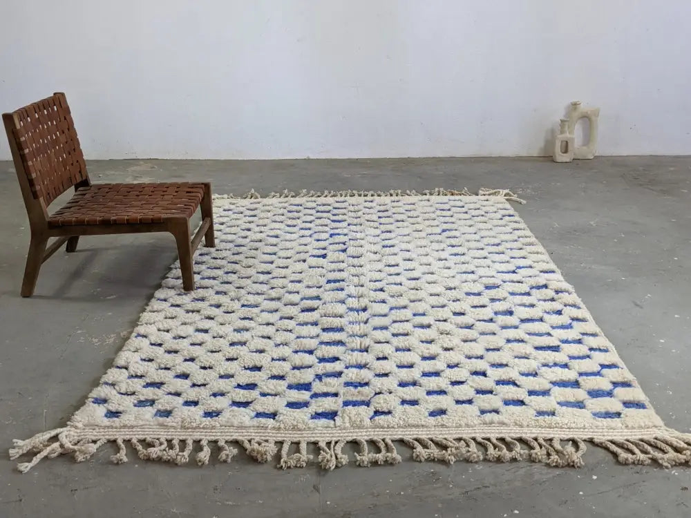 Blue and cream checkered moroccan handmade beni ouarain rug bedroom