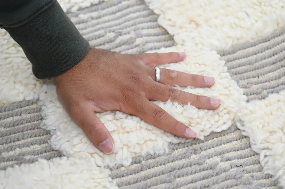 Handmade beige & taupe checkered beni ouarain rug living room decor