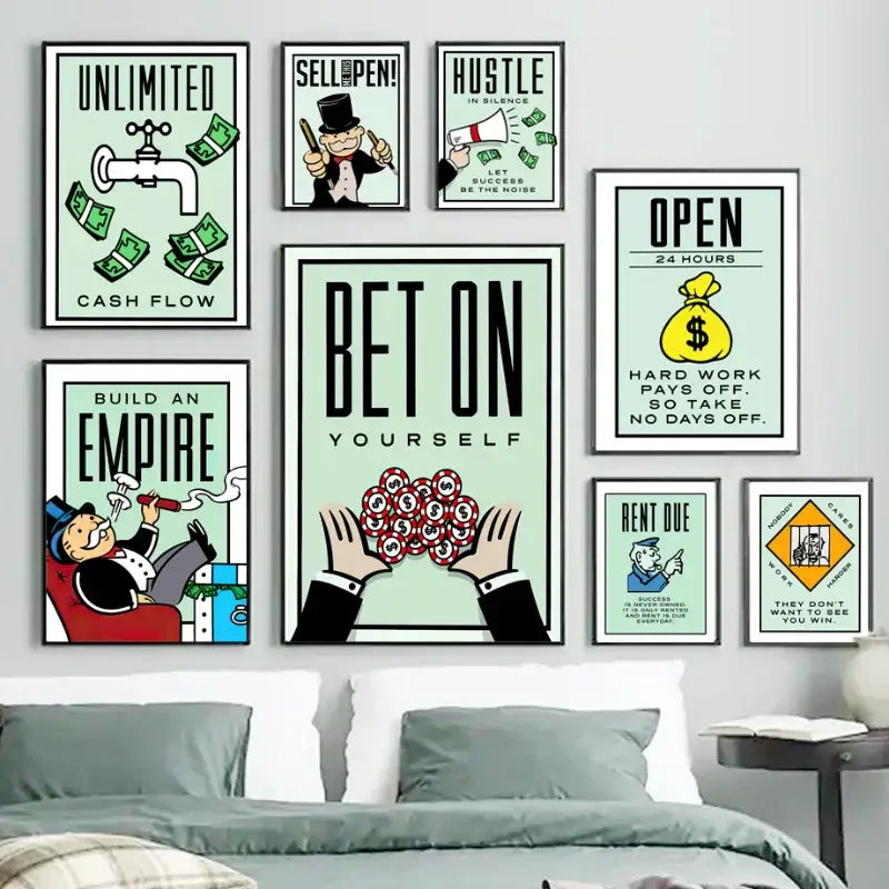 Motivational monopoly millionaire mint green wall art living room decor