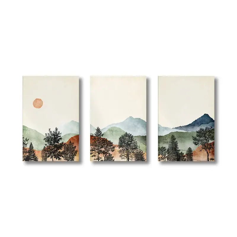 Watercolor mountain wall art set with wood frames for bedroom