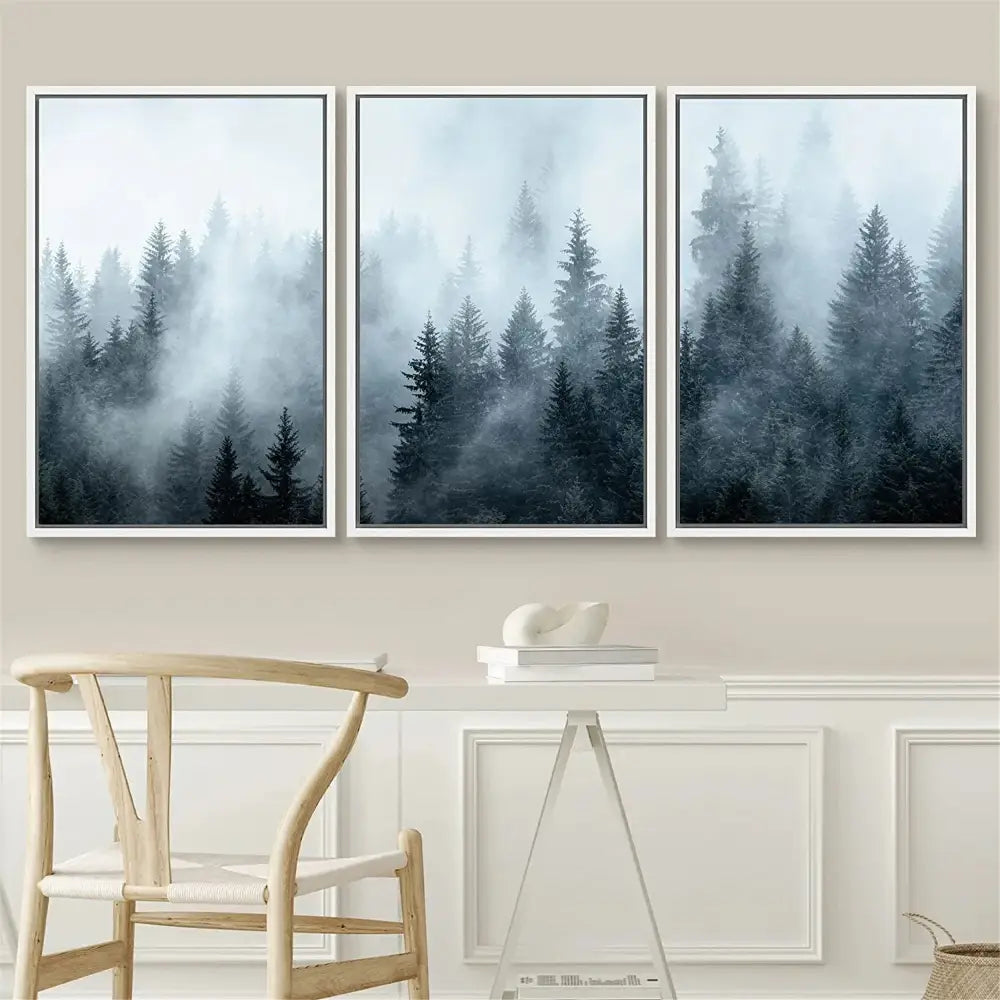 Misty blue & gray forest landscape canvas print set bedroom wall art