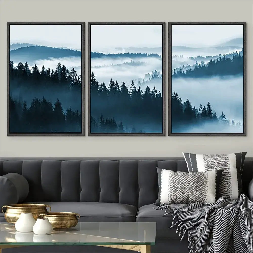 Misty blue & gray forest landscape canvas print set bedroom wall art