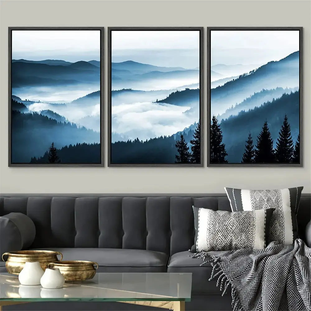 Misty blue & gray forest landscape canvas print set bedroom wall art