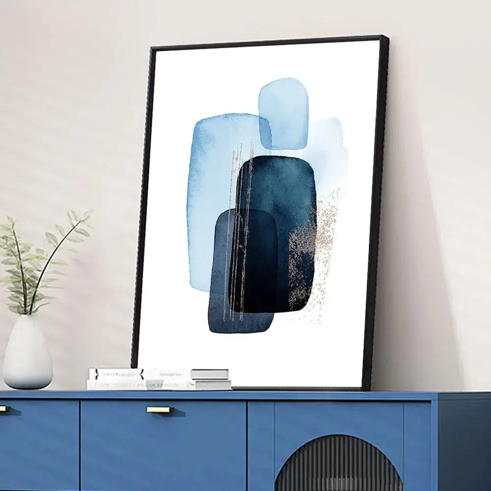 Abstract navy blue geometric wall art set – living room decor