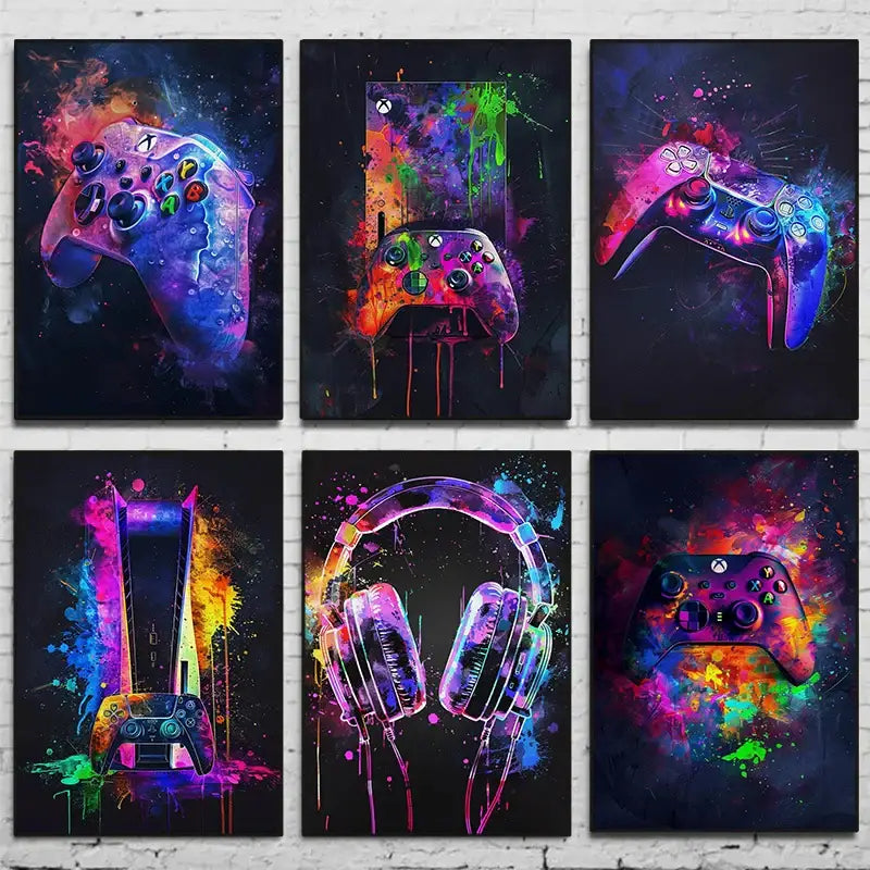 Vibrant neon video game posters set for gamer bedroom canvas art