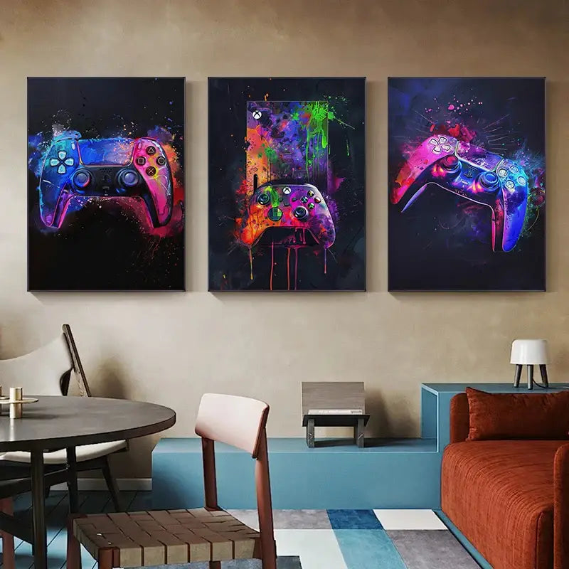Vibrant neon video game posters set for gamer bedroom canvas art