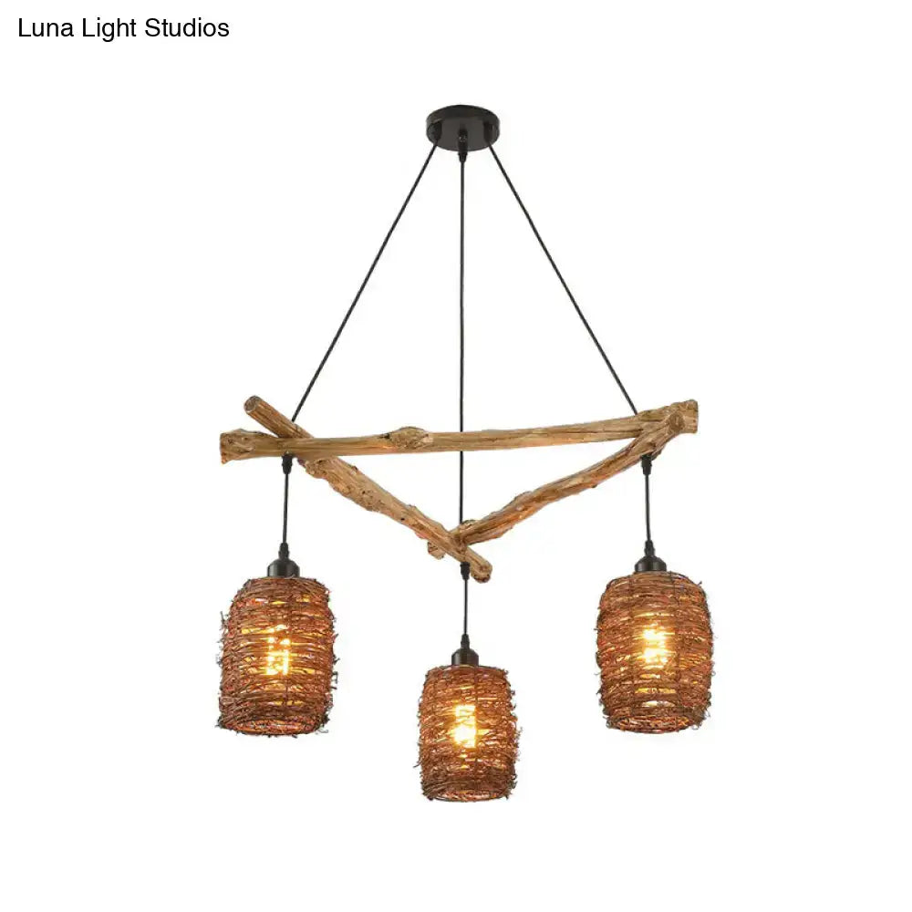 Rustic brown branch ceiling light – bedroom woven wicker chandelier