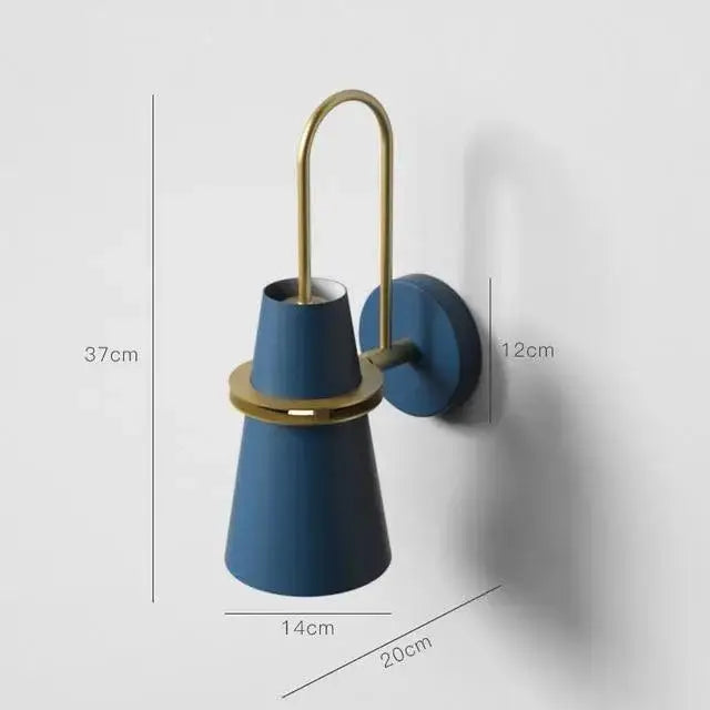 Minimalist blue and brass wall lamp – bedroom conical sconce