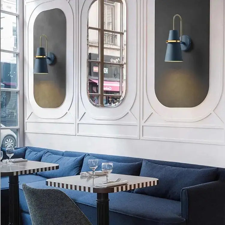Minimalist blue and brass wall lamp – bedroom conical sconce