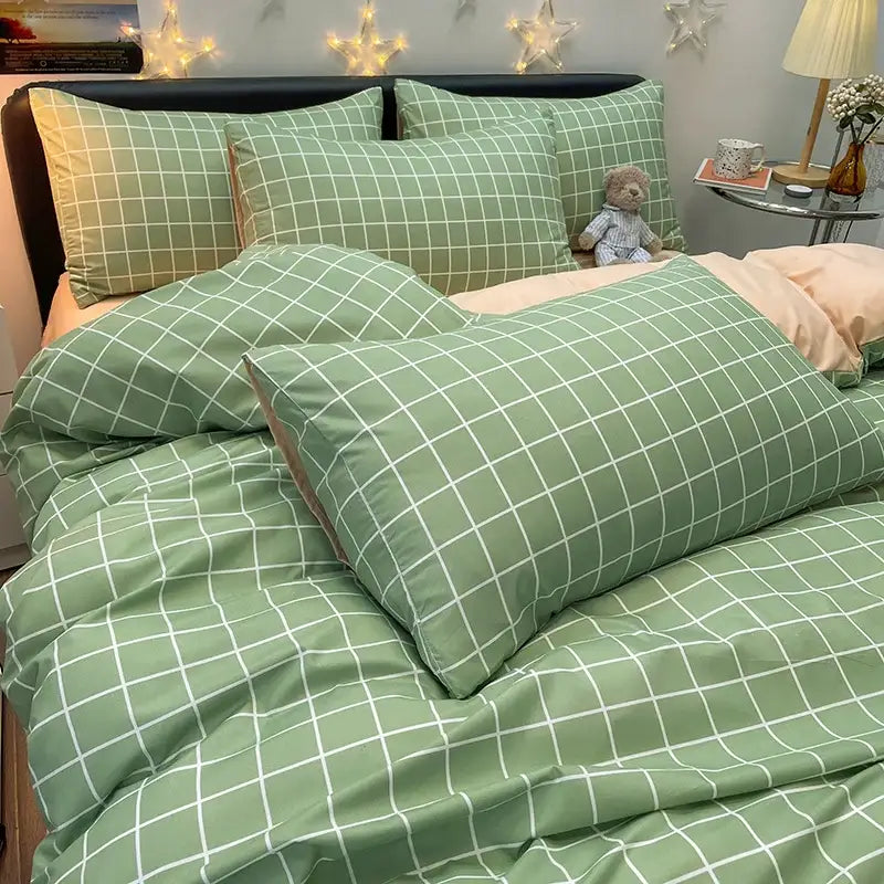 Nordic plaid green cotton bedding set for bedroom comfort