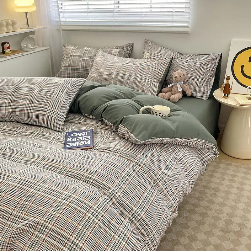 Nordic plaid green cotton bedding set for bedroom comfort