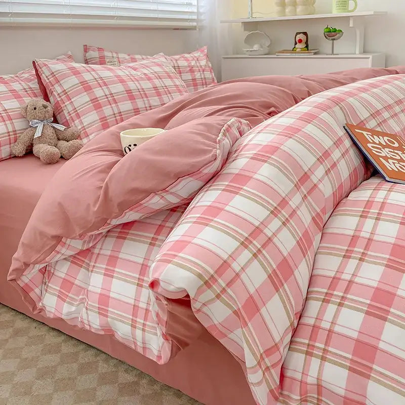 Nordic plaid green cotton bedding set for bedroom comfort