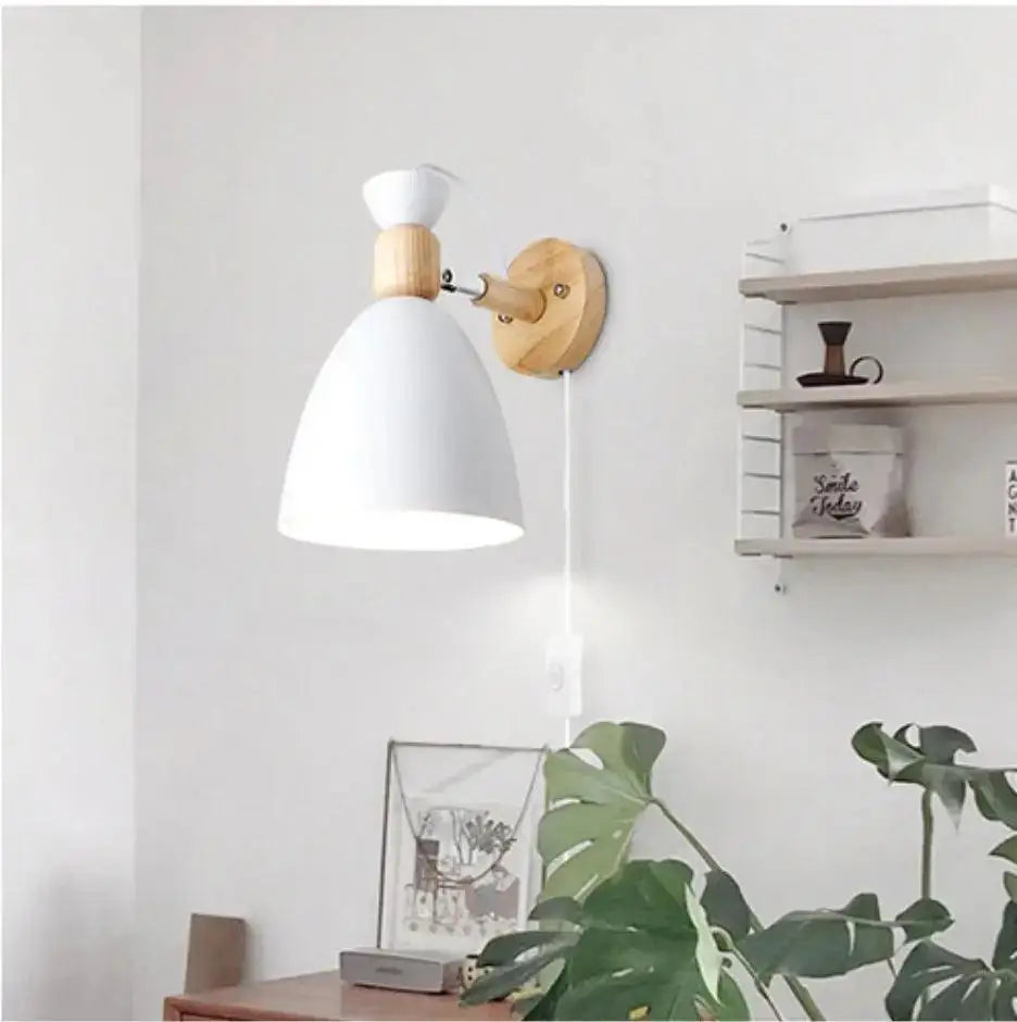 Minimalist white metal and wood wall sconce bedroom lighting fixture