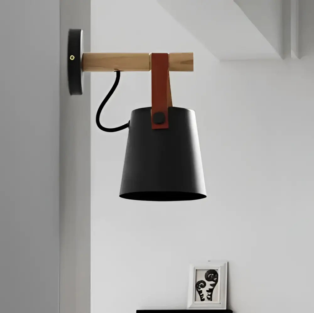 Black matte wooden wall lights with leather strap bedroom sconce