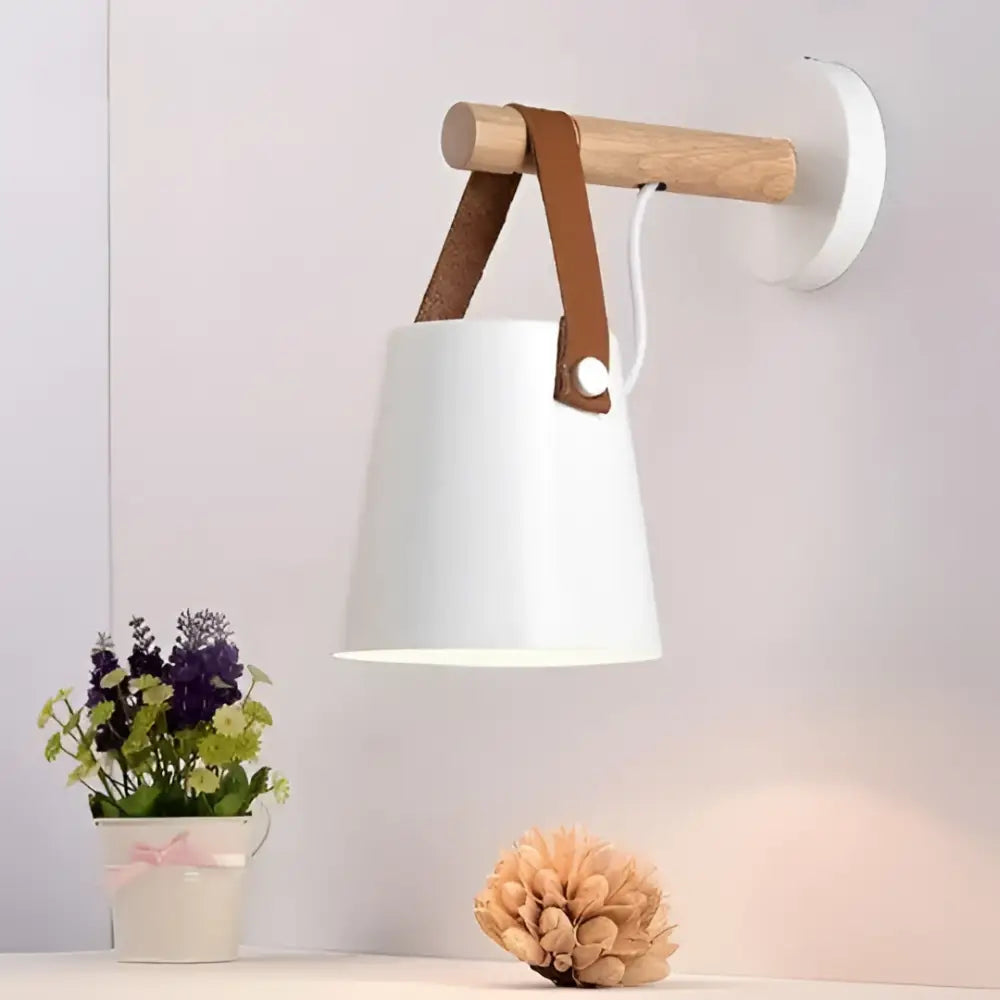 Black matte wooden wall lights with leather strap bedroom sconce
