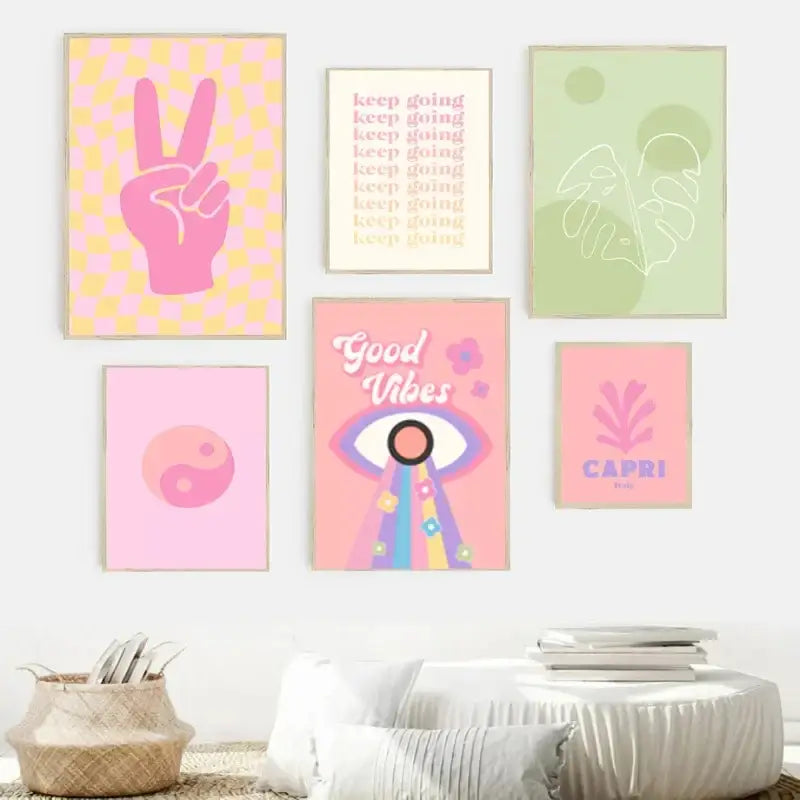 Pastel blue think happy thoughts smiley flower wall art bedroom