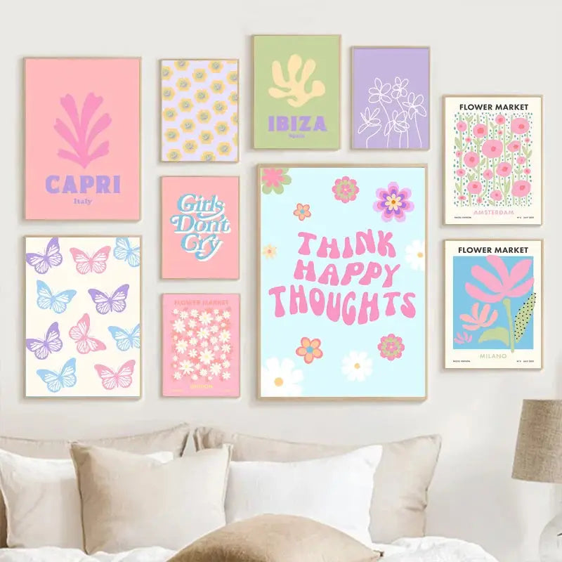Pastel smiley flower canvas wall art bedroom floral decor