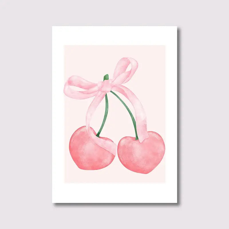 Watercolor pink bows and cherries art set bedroom wall art