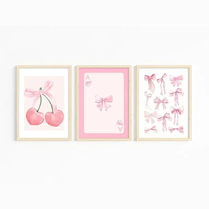 Watercolor pink bows and cherries art set bedroom wall art