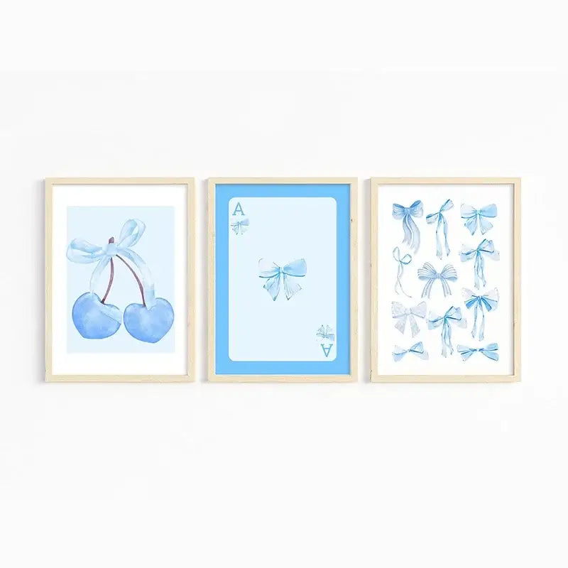 Watercolor pink bows and cherries art set bedroom wall art