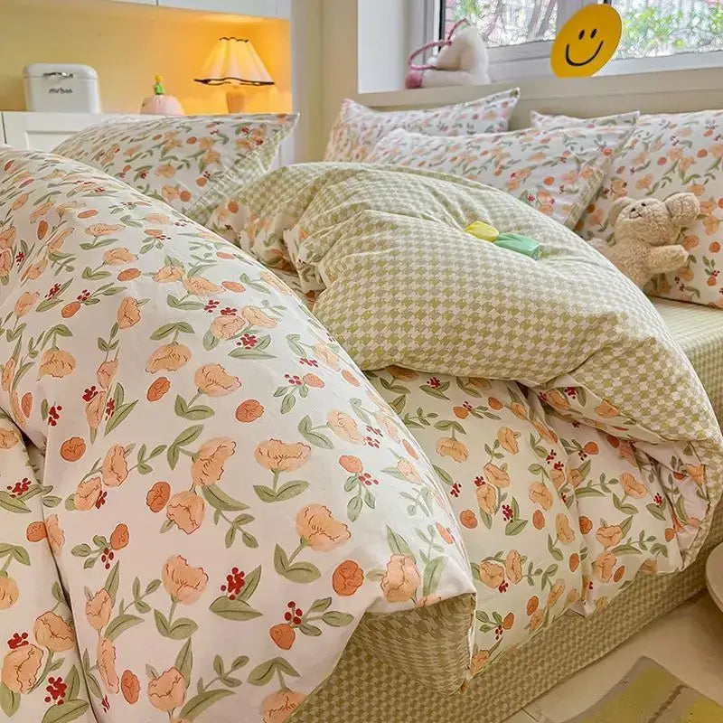 Pink & cream floral satin bedding set bedroom rose pattern