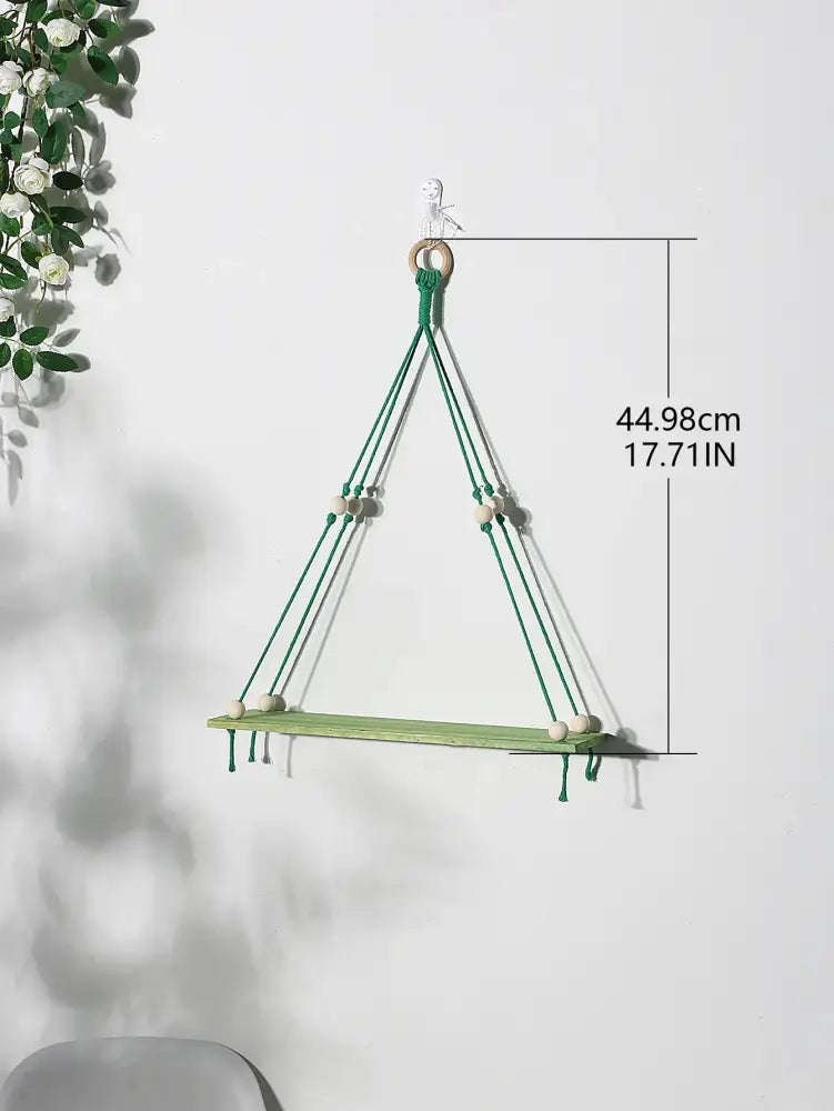 Boho pink green wooden macrame hanging shelf for kids room