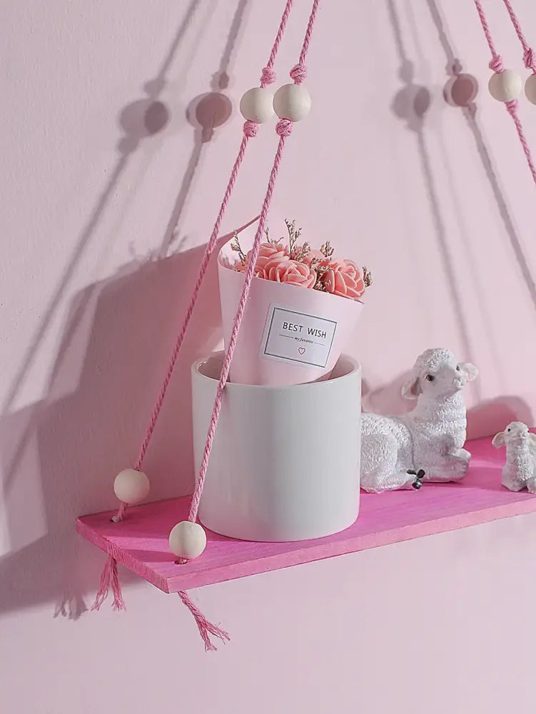 Boho pink green wooden macrame hanging shelf for kids room