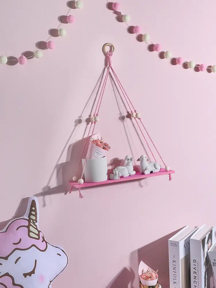 Boho pink green wooden macrame hanging shelf for kids room
