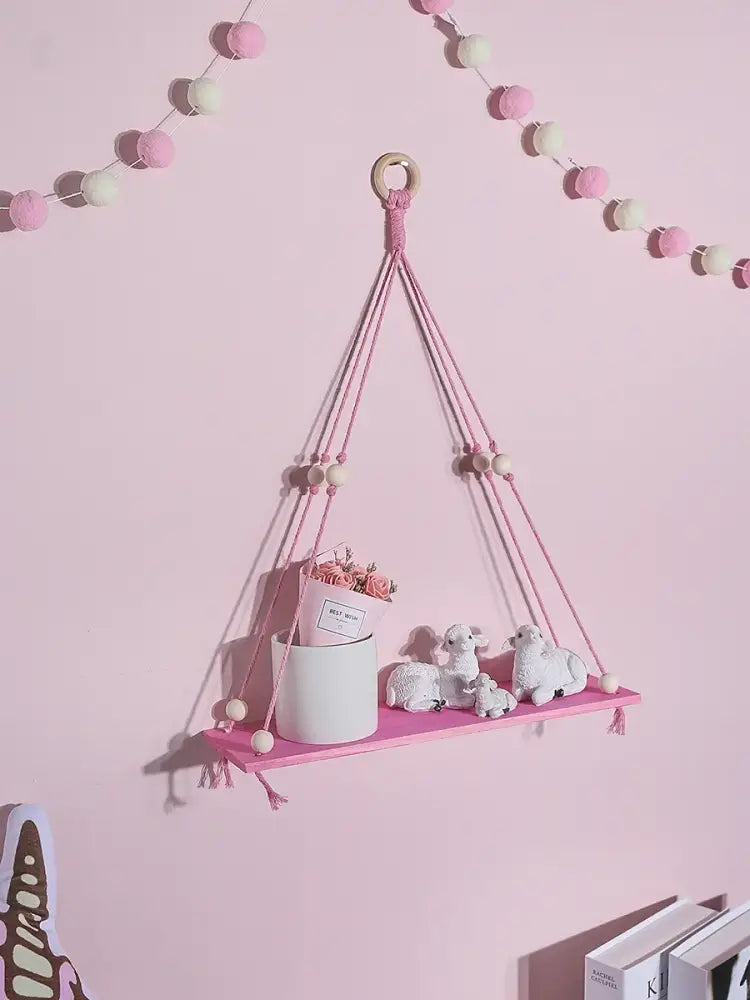 Boho pink green wooden macrame hanging shelf for kids room