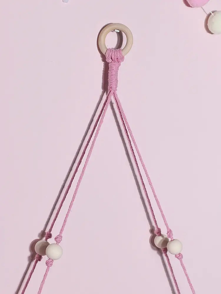 Boho pink green wooden macrame hanging shelf for kids room